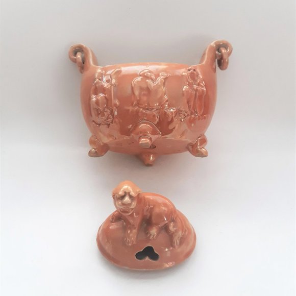 Shofu Japan VTG Incense Burner Jar 1930s Orange Lusterware Art Deco Rare - Picture 6 of 11